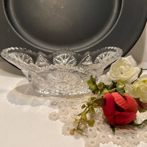 Antique cut crystal glass oblong scalloped edge bowl.